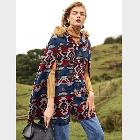 Hooded Boho Cape Faux Fur Aztec Print - Picture 6 of 8